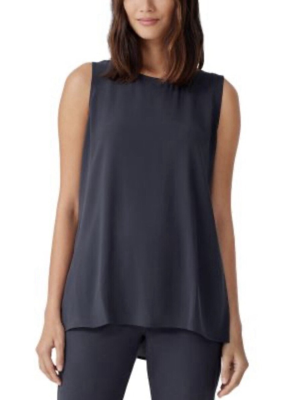 EILEEN FISHER Women’s Silk Chiffon Sleeveless Blouse In Navy-Size Small